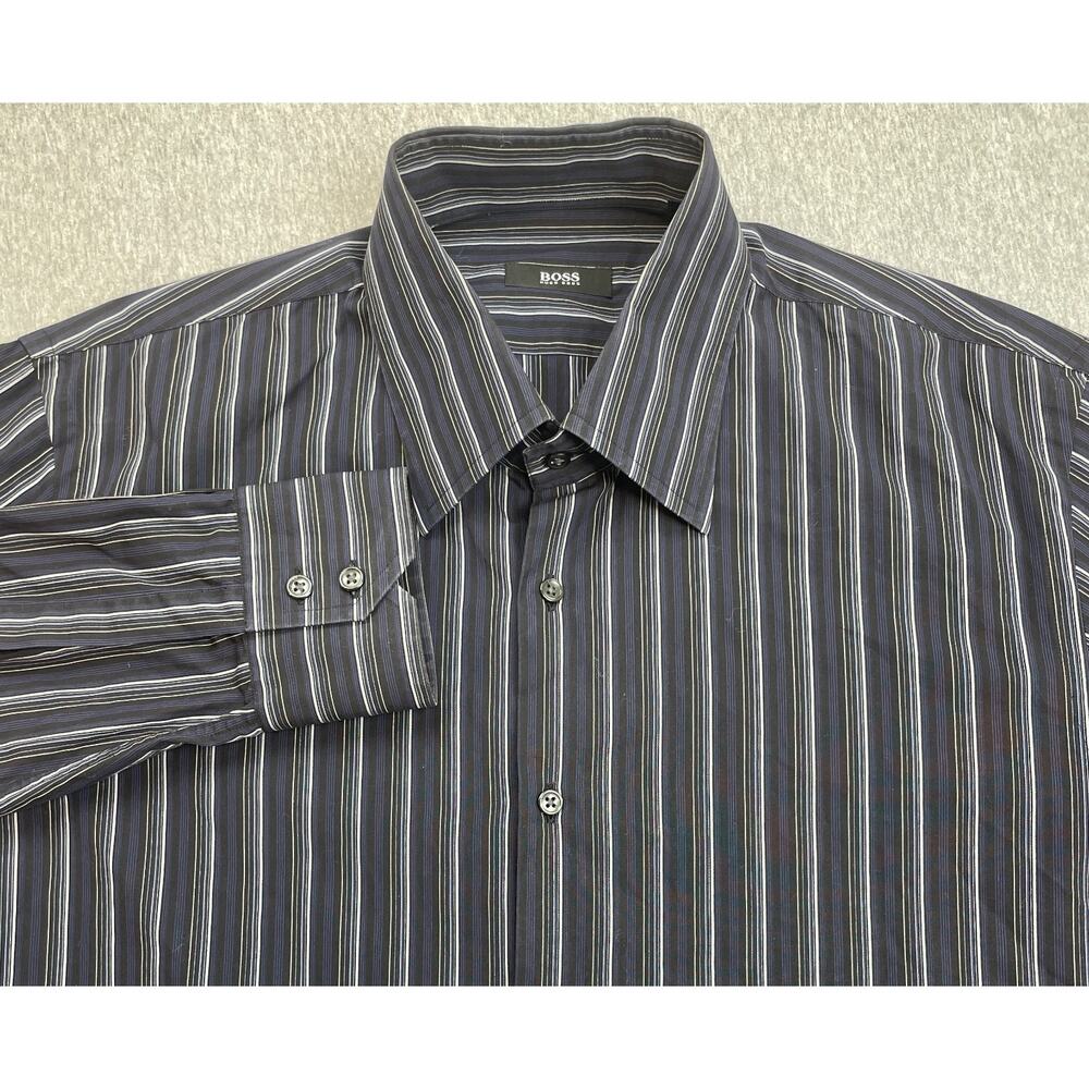 Hugo Boss Shirt Mens 17 (EU 43) Striped 100% Cotton Long Sleeve Button Up